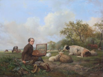 De schilder zelf, schilderend in een weidelandschap met vee door Hendrick van de Sande Bakhuyzen
